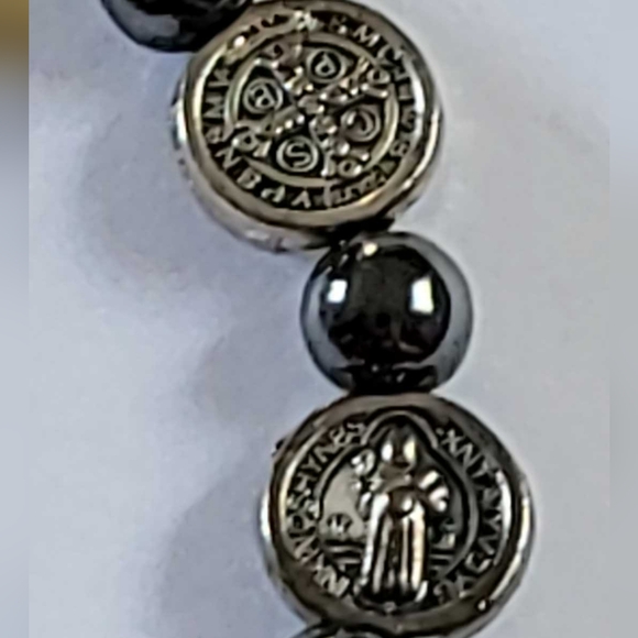 Saint Benedict Stretch Bracelet, Hematite & silvertone/goldtone Metal Beads. - Picture 4 of 4